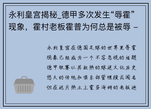 永利皇宫揭秘_德甲多次发生“辱霍”现象，霍村老板霍普为何总是被辱 - 副本