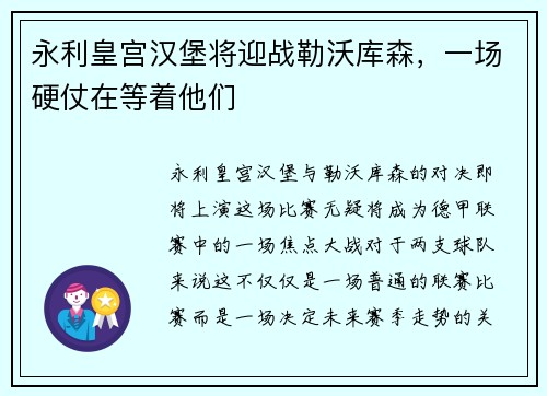 永利皇宫汉堡将迎战勒沃库森，一场硬仗在等着他们