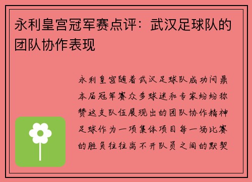 永利皇宫冠军赛点评：武汉足球队的团队协作表现